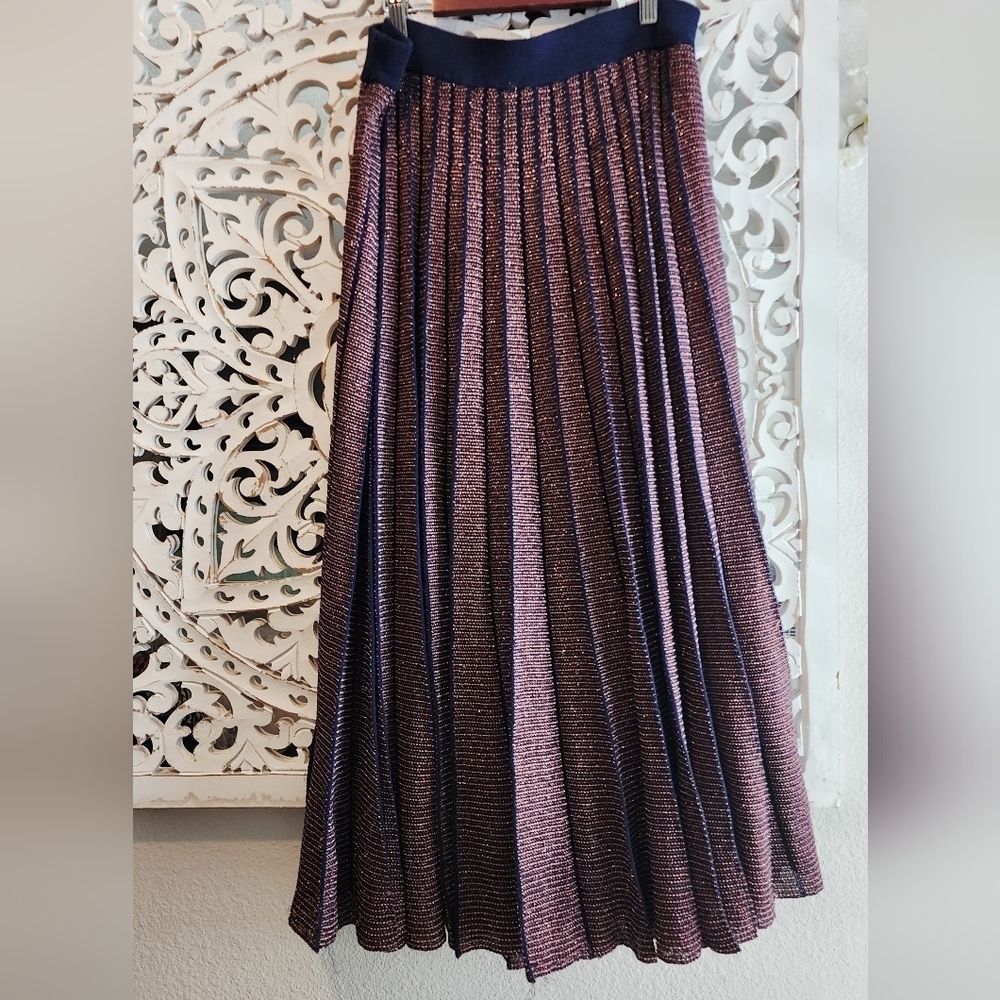 TANYA TAYLOR KNITTED FULL CIRCLE PLEATED SKIRT BLUE-RED WOMENS SIZE LARGE